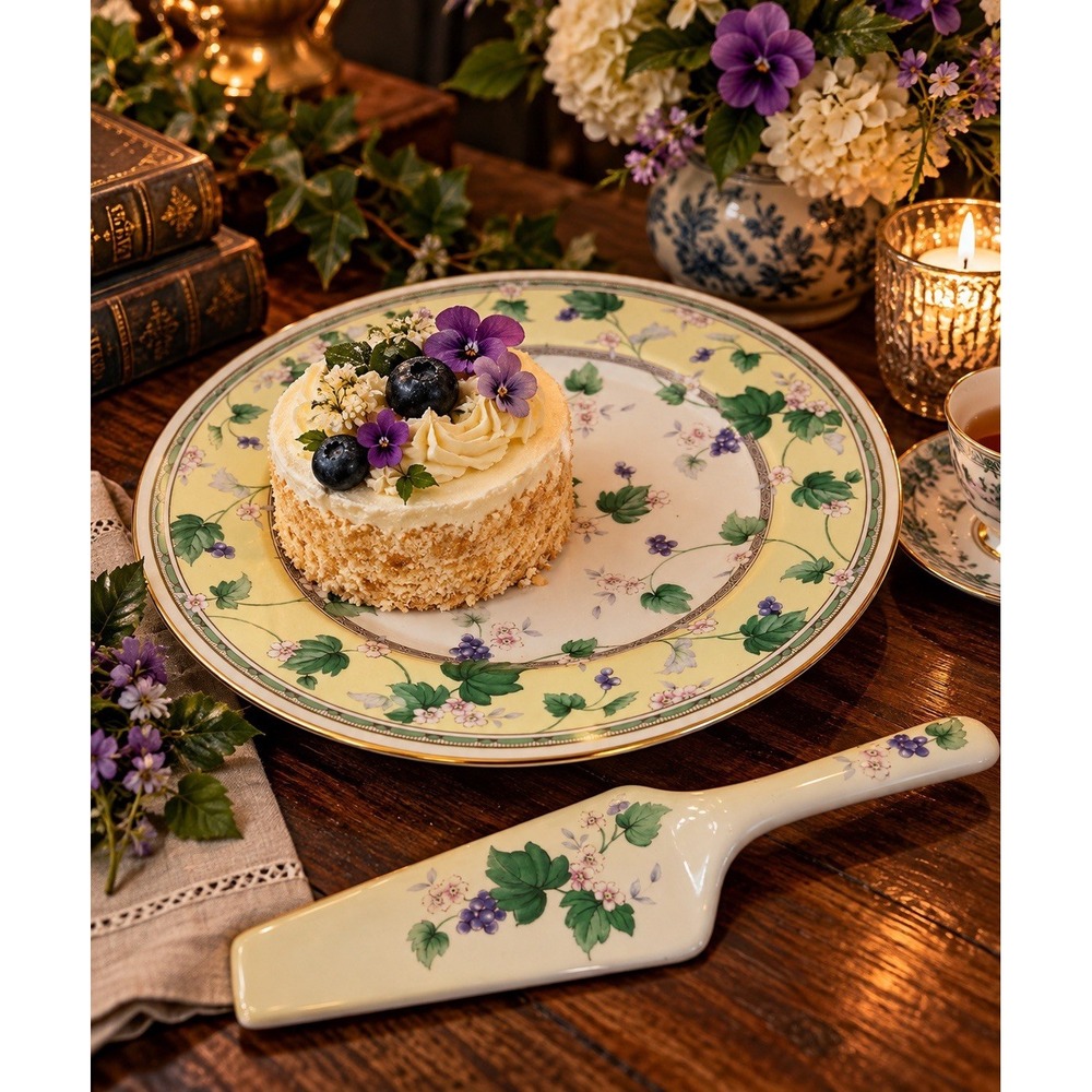 Andrea by Sadek Cake Plate & Server Green Leaves Purple Grapes Porcelain 11”